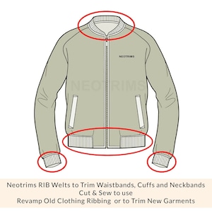 May include: A green bomber jacket with a white ribbed collar, cuffs, and waistband. The jacket has a zipper closure and two pockets. The text "NEOTRIMS" is printed on the front of the jacket.