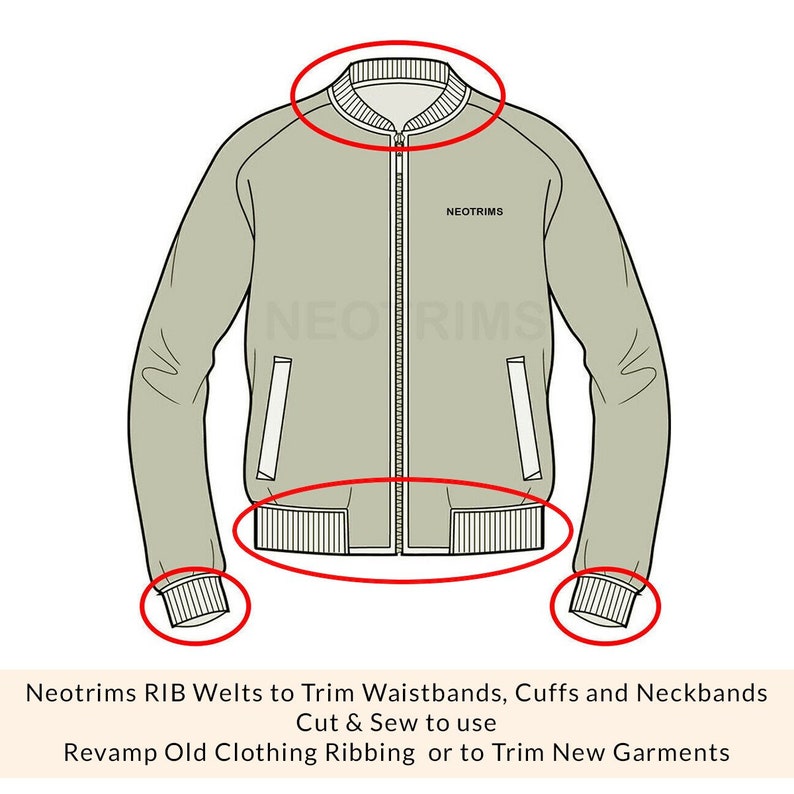 May include: A green bomber jacket with a white ribbed collar, cuffs, and waistband. The jacket has a zipper closure and two pockets. The text "NEOTRIMS" is printed on the front of the jacket.