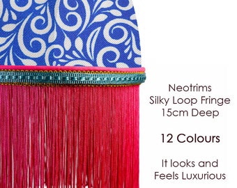 Fringe Tassel Trim 15cms Length,Looped Silky Fringing 12 Colours in Soft Muted Shades for Apparel Home Decoration Upholstery,Neotrims UK