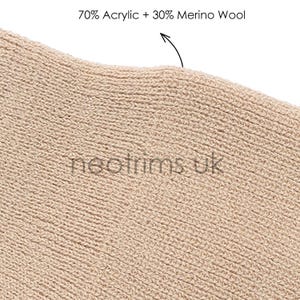 May include: Close-up of a beige knitted fabric. The texture is visible, showing the weave of the yarn. The text "70% Acrylic + 30% Merino Wool" is at the top. The text "neotrims uk" is at the bottom.