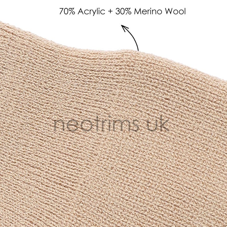 May include: Close-up of a beige knitted fabric. The texture is visible, showing the weave of the yarn. The text "70% Acrylic + 30% Merino Wool" is at the top. The text "neotrims uk" is at the bottom.