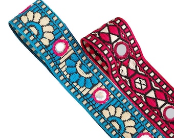 Cinta bordada con espejo indio, hecha a mano, con lentejuelas de espejo sobre borde de estilo sari tradicional, decoración, ropa y tapicería