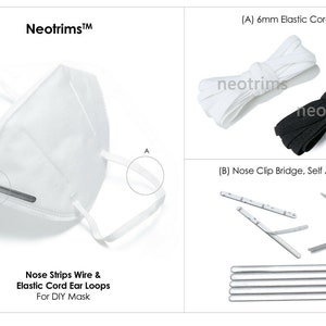 May include: A white face mask with a silver nose wire and white elastic ear loops. The image also shows two white and black elastic cords, and a pack of silver nose bridge wires.