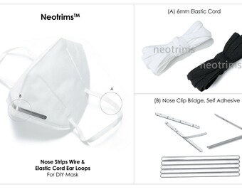 Puede incluir: Una mascarilla facial blanca con un alambre de nariz plateado y lazos elásticos blancos para las orejas. La imagen también muestra dos cordones elásticos blancos y negros, y un paquete de alambres de puente nasal plateados.