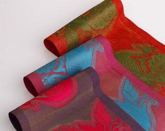 16cms Wide Vintage Peacock Jacquard Silky Trimming Fabric with Selvedge Edges, Stunning vibrant Colours Rust, Cerise and Violet – Neotrims