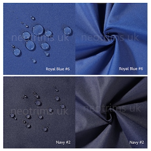 May include: Two fabric swatches, one royal blue and one navy blue, with water droplets on the surface. The swatches are labeled "Royal Blue #6" and "Navy #2".