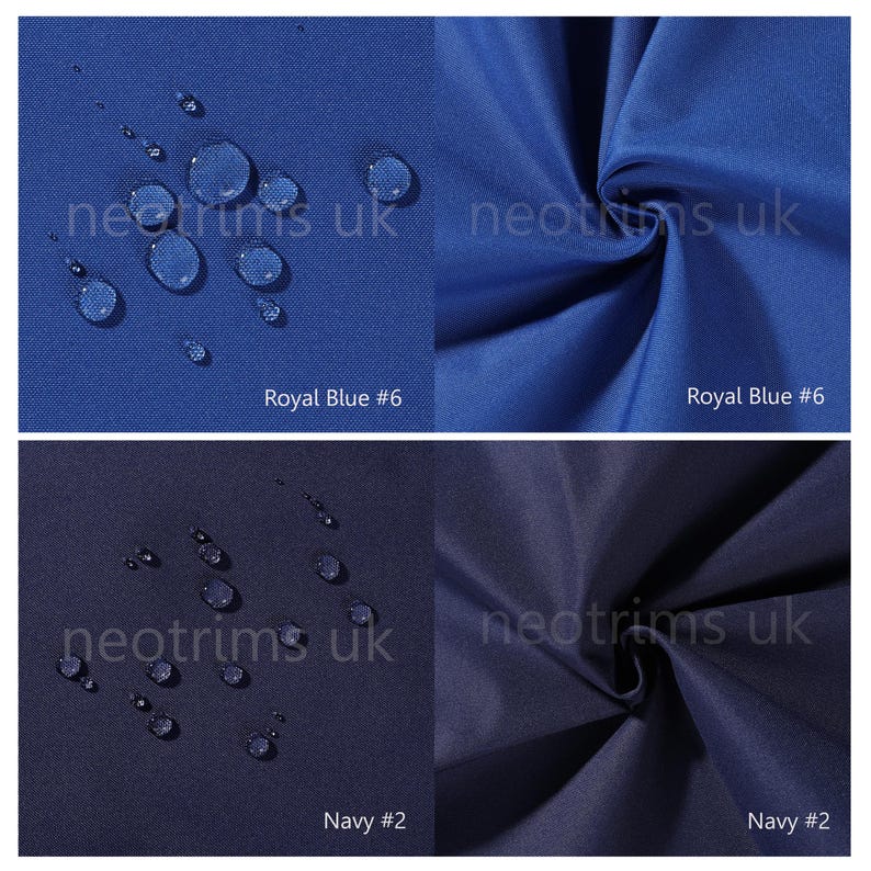 May include: Two fabric swatches, one royal blue and one navy blue, with water droplets on the surface. The swatches are labeled "Royal Blue #6" and "Navy #2".