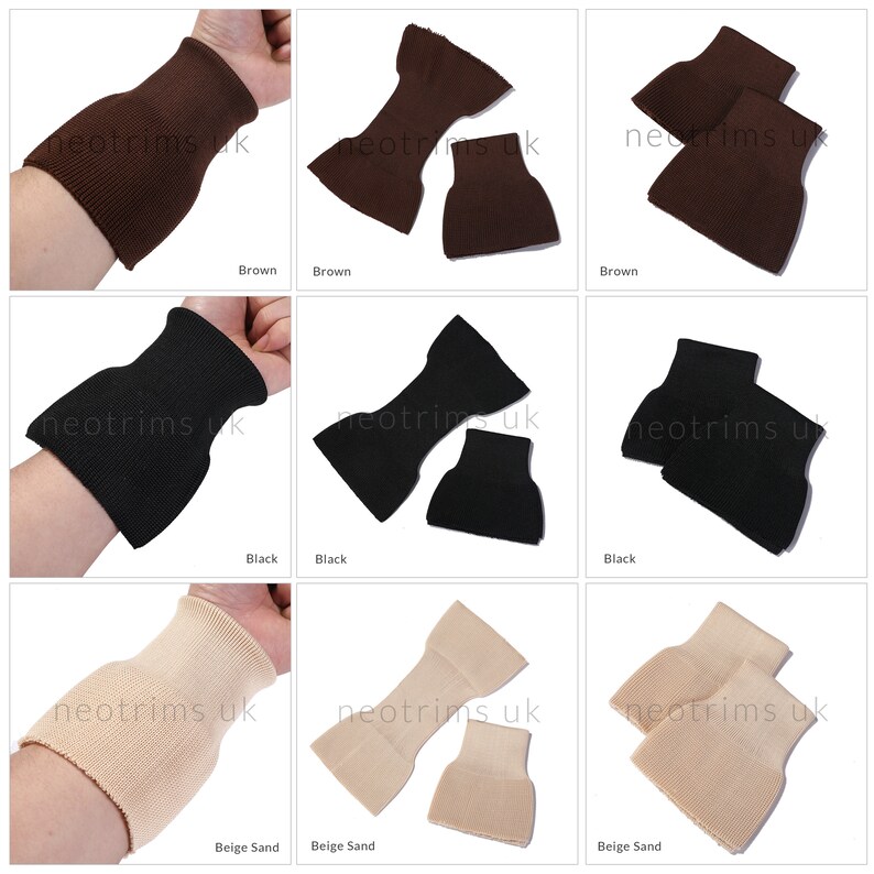 Puede incluir: Tres pares de calentadores de brazo en marr&oacute;n, negro y beige arena. Cada par se muestra en el brazo de un maniqu&iacute; y se coloca plano.