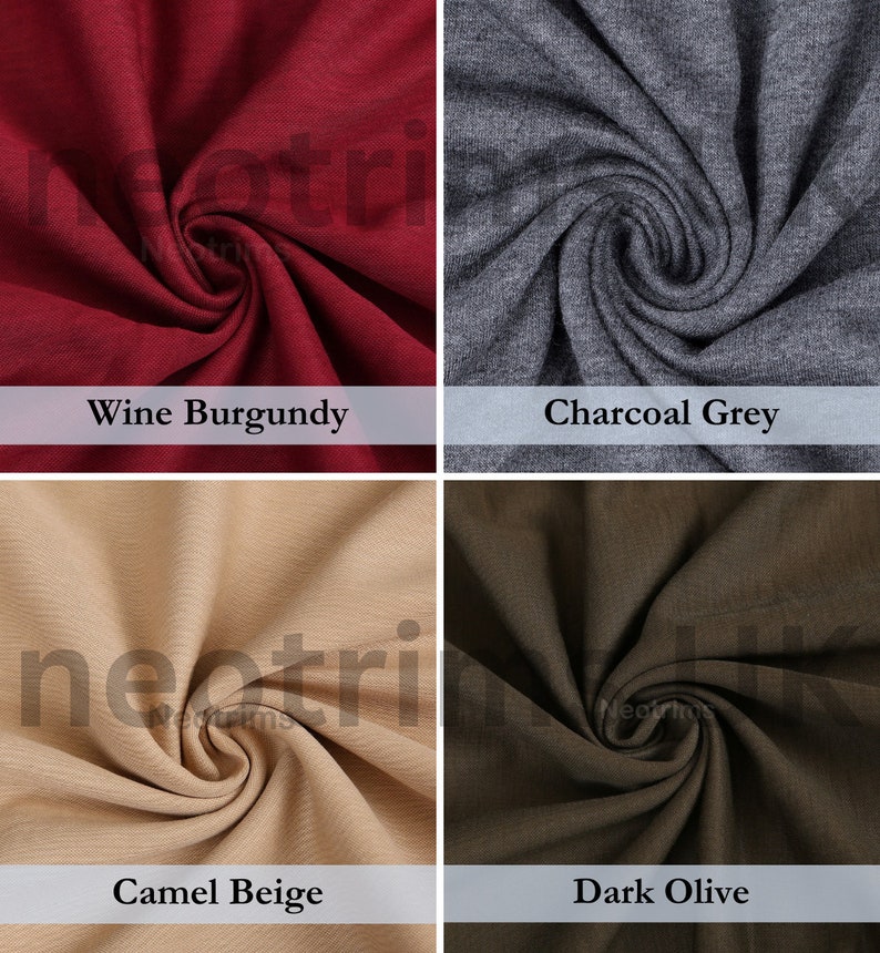 May include: Close-up of four fabric swatches in different colors: wine burgundy, charcoal grey, camel beige, and dark olive. The fabric is a soft, textured knit.