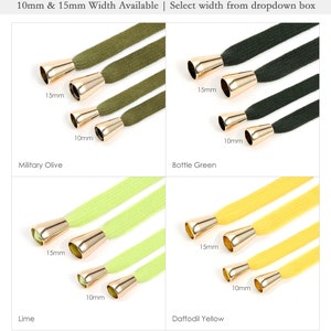 Puede incluir: Cuatro colores diferentes de cordones planos con puntas de metal dorado. Los colores son verde oliva militar, verde botella, lima y amarillo narciso. Los cordones est&aacute;n disponibles en dos anchos: 10 mm y 15 mm.