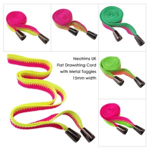 Sweatshirt Hoodie Drawstring Cord with Gunmetal Metal Toggle Tip Ends. 15mm Width Flat Trim.Hoody Replacement Drawstring.Bright Neon Colours
