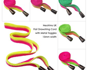 Sweatshirt Hoodie Drawstring Cord with Gunmetal Metal Toggle Tip Ends. 15mm Width Flat Trim.Hoody Replacement Drawstring.Bright Neon Colours