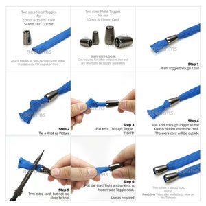 Puede incluir: Una gu&iacute;a paso a paso sobre c&oacute;mo sujetar un cierre met&aacute;lico a un cord&oacute;n azul. La gu&iacute;a muestra c&oacute;mo empujar el cierre a trav&eacute;s del cord&oacute;n, atar un nudo, tirar del nudo a trav&eacute;s del cierre y recortar el exceso de cord&oacute;n. El texto en la imagen dice "Dos tama&ntilde;os de cierres met&aacute;licos para nuestros cordones de 10 mm y 15 mm SUMINISTRADOS SUELTOS".