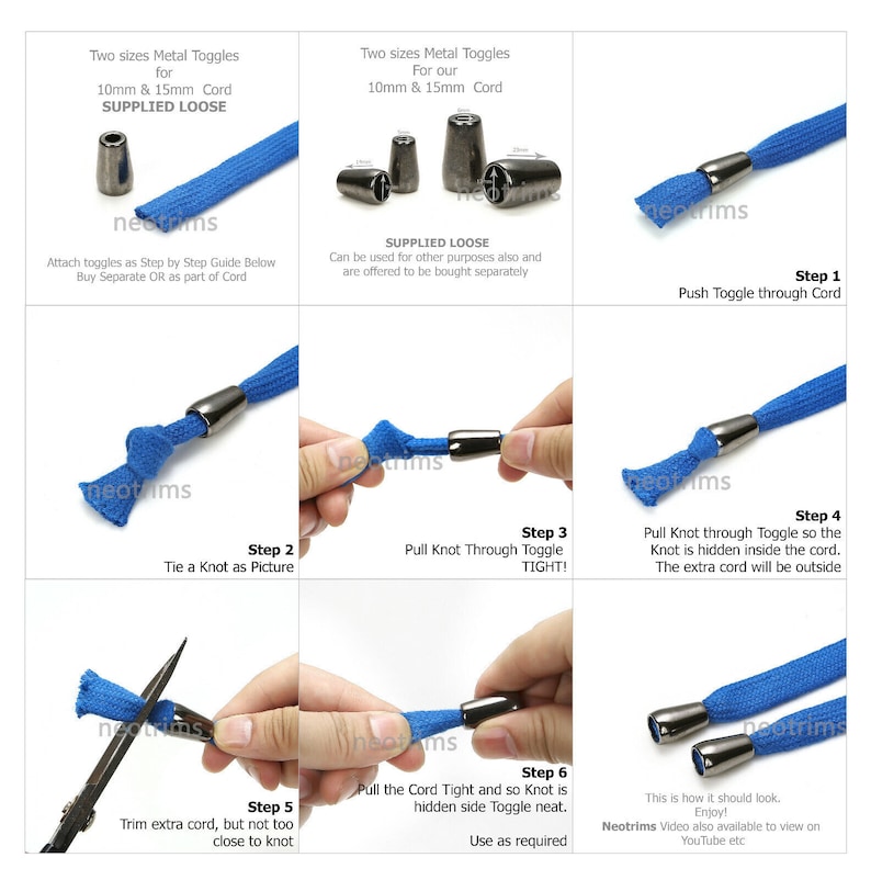 Puede incluir: Una gu&iacute;a paso a paso sobre c&oacute;mo sujetar un cierre met&aacute;lico a un cord&oacute;n azul. La gu&iacute;a muestra c&oacute;mo empujar el cierre a trav&eacute;s del cord&oacute;n, atar un nudo, tirar del nudo a trav&eacute;s del cierre y recortar el exceso de cord&oacute;n. El texto en la imagen dice "Dos tama&ntilde;os de cierres met&aacute;licos para nuestros cordones de 10 mm y 15 mm SUMINISTRADOS SUELTOS".