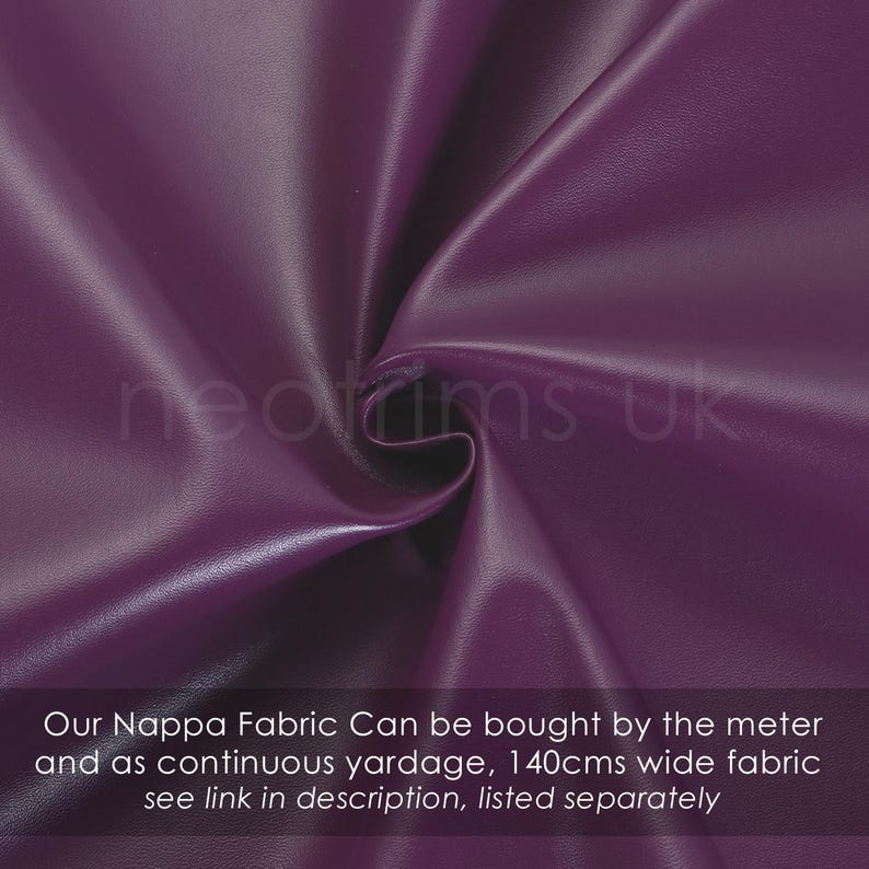 May include: Close-up of a deep purple, smooth, leather-like fabric. Our Nappa Fabric Can be bought by the meter and as continuous yardage, 140cms wide fabric see link in description, listed separately.