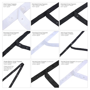 Snap Tape,Popper Tape Stud Fasten Ribbon,9 Styles Home Décor Crafts Duvets,Babywear,Pleating.White or Black.2.5cm – 10cms Apart Stud Spacing