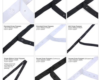 Snap Tape,Popper Tape Stud Fasten Ribbon,9 Styles Home Décor Crafts Duvets,Babywear,Pleating.White or Black.2.5cm – 10cms Apart Stud Spacing