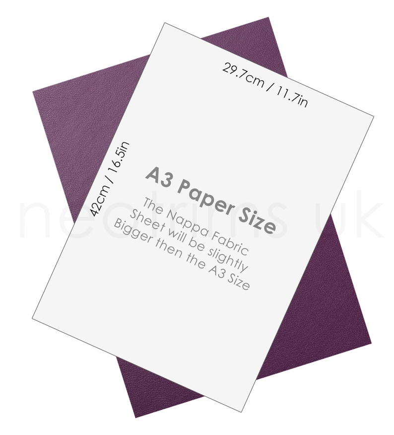 May include: A white sheet of paper with the text "A3 Paper Size" and "The Nappa Fabric Sheet will be slightly Bigger then the A3 Size". The paper is 42 cm by 29.7 cm, or 16.5 inches by 11.7 inches.