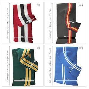 May include: Four different types of knit scarves with contrasting colored stripes. The scarves are all folded in a similar way, with the stripes running vertically. The scarves are labeled with numbers 013, 014, 015, and 016. The measurements of each scarf are listed in inches.