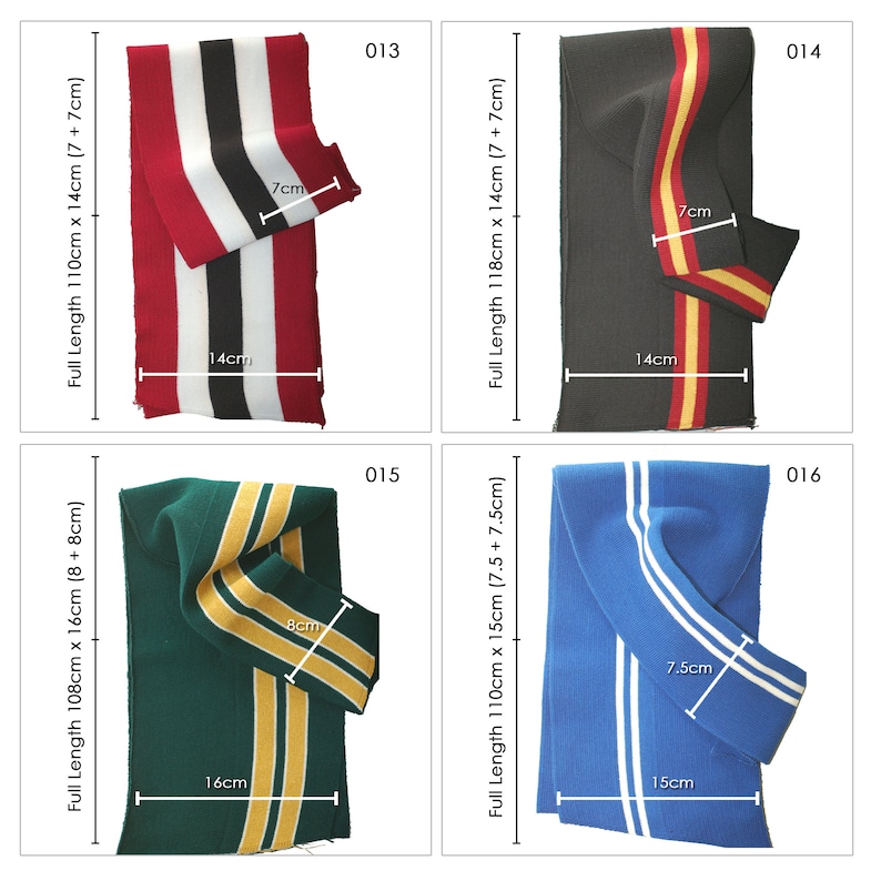 May include: Four different types of knit scarves with contrasting colored stripes. The scarves are all folded in a similar way, with the stripes running vertically. The scarves are labeled with numbers 013, 014, 015, and 016. The measurements of each scarf are listed in inches.