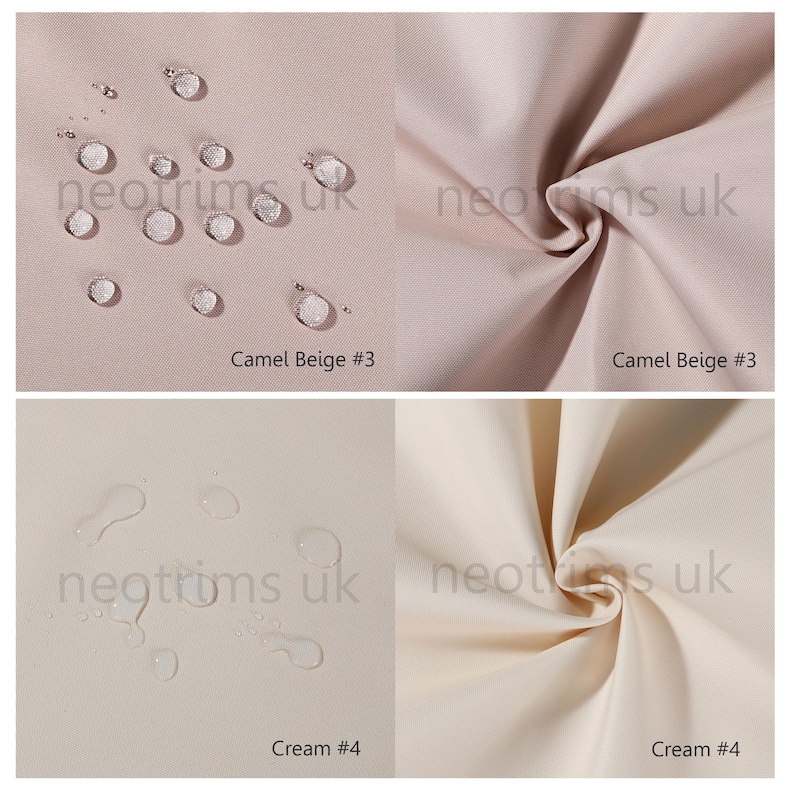 May include: Close-up of two fabric swatches. The top swatch is a light beige color and the bottom swatch is a cream color. Both swatches are water-resistant and have a smooth texture. The text "neo trims uk" is visible on both swatches.