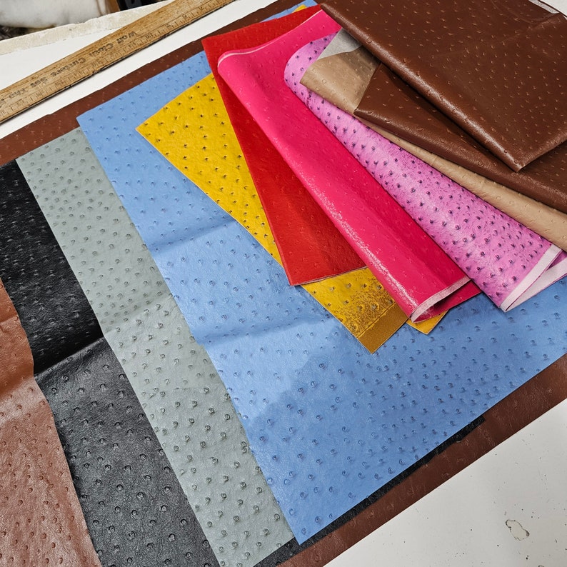 May include: A variety of colorful leather swatches with an ostrich skin pattern. The swatches are arranged in a fan shape, with the darkest color at the bottom and the lightest color at the top. The colors include black, gray, blue, yellow, red, pink, and brown.