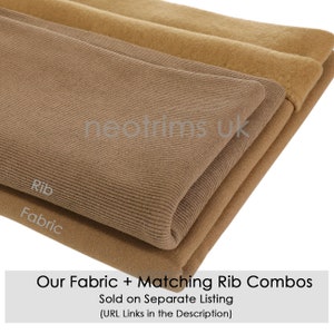 May include: Close-up of two folded fabric swatches. The top swatch is a brown ribbed fabric labeled "Rib". The bottom swatch is a brown fabric labeled "Fabric". The text "Our Fabric + Matching Rib Combos Sold on Separate Listing (URL Links in the Description)" is visible at the bottom of the image.