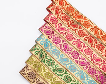Floral Paisley Ribbon Trim Decorative Jacquard Gold Metallic with Colors,25mm Wide Vintage Indian Style Trimming Border Dressmaking Crafts