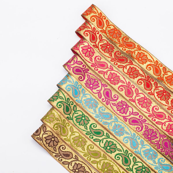 Floral Paisley Ribbon Trim Decorative Jacquard Gold Metallic with Colors,25mm Wide Vintage Indian Style Trimming Border Dressmaking Crafts