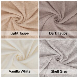 Puede incluir: Cuatro muestras de tela en diferentes colores: topo claro, topo oscuro, blanco vainilla y gris concha. La tela es suave y de punto.