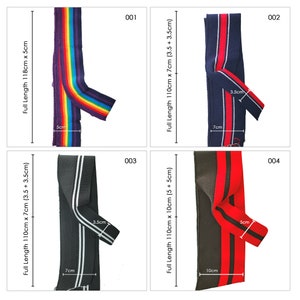 May include: Four different types of black and white striped elastic trim with red, blue, and rainbow stripes. The trim is 110 cm long and has a width of 7 cm or 10 cm.