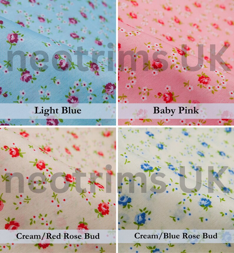 Puede incluir: Cuatro muestras de tela con un patr&oacute;n floral. Las muestras son azul claro, rosa beb&eacute;, crema con capullos de rosa rojos y crema con capullos de rosa azules.