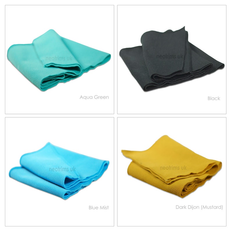 May include: Four fabric swatches in different colors: aqua green, black, blue mist, and dark Dijon (mustard). The swatches are folded and arranged in a grid pattern. The text "neotrims uk" is visible on each swatch.