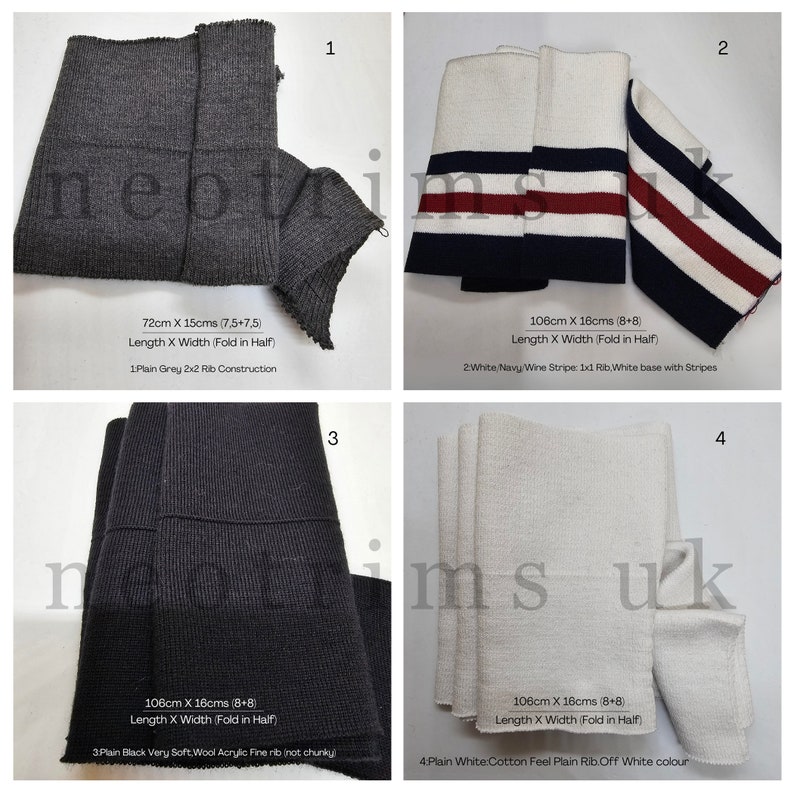 Peut inclure: Quatre &eacute;chantillons de tissu tricot&eacute; de diff&eacute;rentes couleurs et textures. Les tissus sont pli&eacute;s en deux et &eacute;tiquet&eacute;s avec des mesures et des descriptions. Les tissus comprennent un tricot c&ocirc;tel&eacute; gris uni, un tissu blanc &agrave; rayures bleu marine et rouges, un tricot c&ocirc;tel&eacute; acrylique noir et un tricot c&ocirc;tel&eacute; en coton blanc uni.
