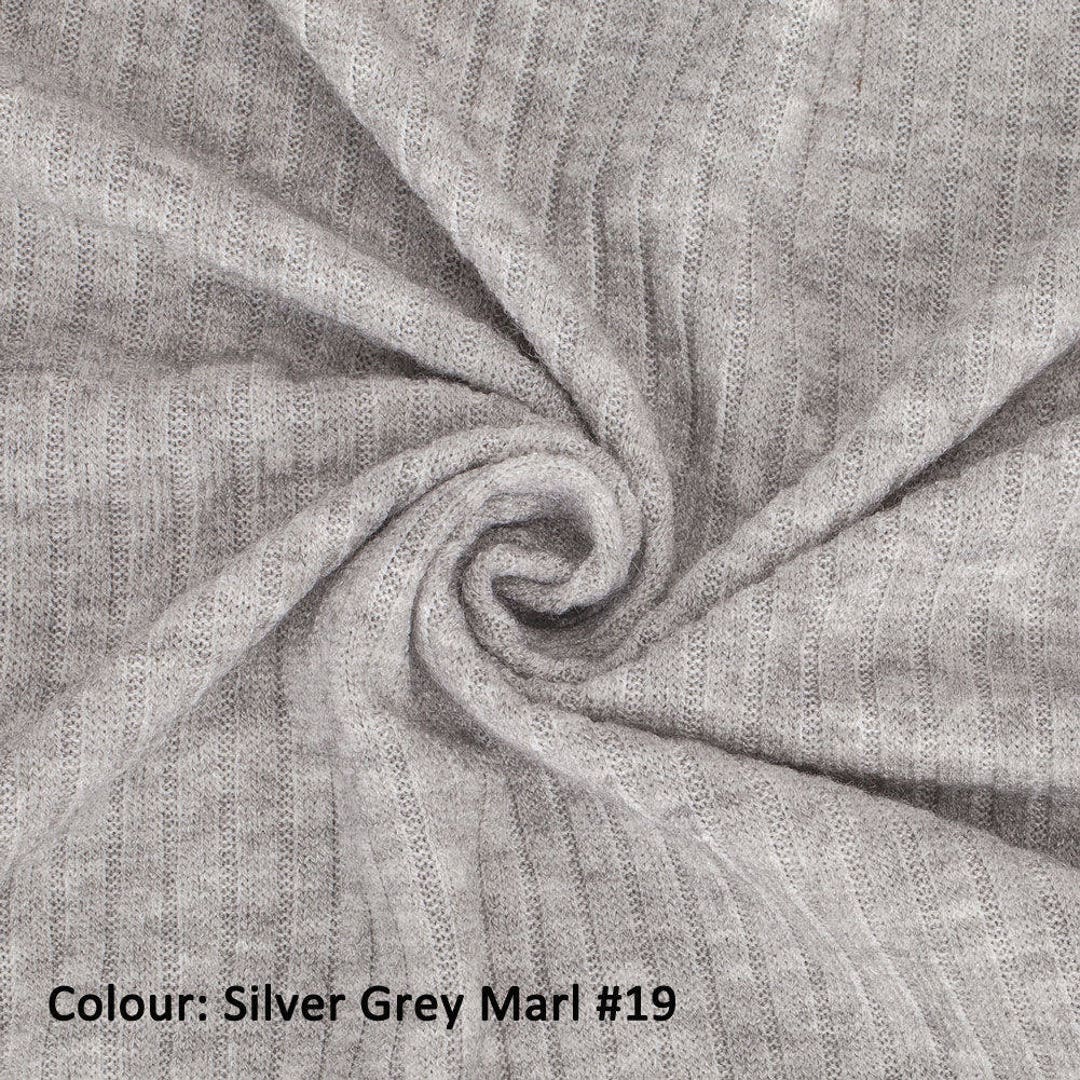 Silver Grey Marl, 1M, 4x2 Rib Effect Knit Jersey Fabric, Stretch
