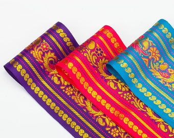 Peacock Paisley Floral Jacquard Ribbon Trim 90mm Wide Indian Style Sari Border Gold with Cerise,Turquoise & Purple Decorative Trimming