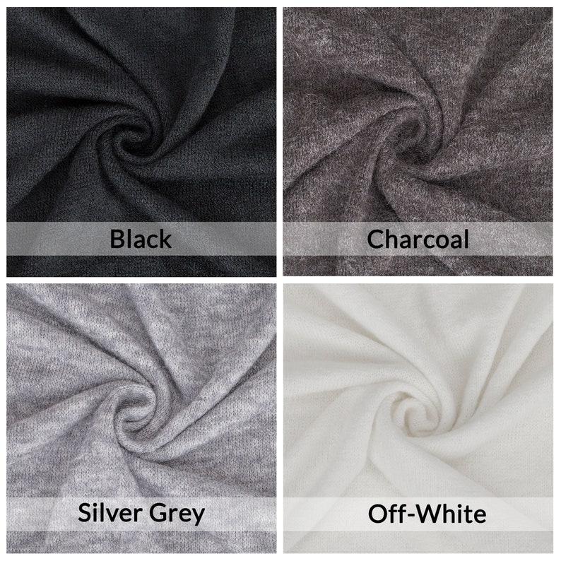 Op de afbeelding: Vier stofstalen in verschillende kleuren: zwart, antraciet, zilvergrijs en off-white. De stof is een zachte, gestructureerde brei.