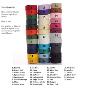 May include: Thirty spools of 15mm grosgrain ribbon in various colors, numbered 1 through 30. Each spool is labeled with its corresponding number. The ribbon colors include scarlet, poppy red, forest green, spruce green, cappuccino, autumn orange, moss, spring moss, ink blue, navy, dandelion, daffodil, light orchid, regal purple, antique white, butter milk, white, vivid blue, jade, blue bird, antique blue, tan, copper, pearl pink, wild rose, azalea, wine, shell grey, charcoal, and black.