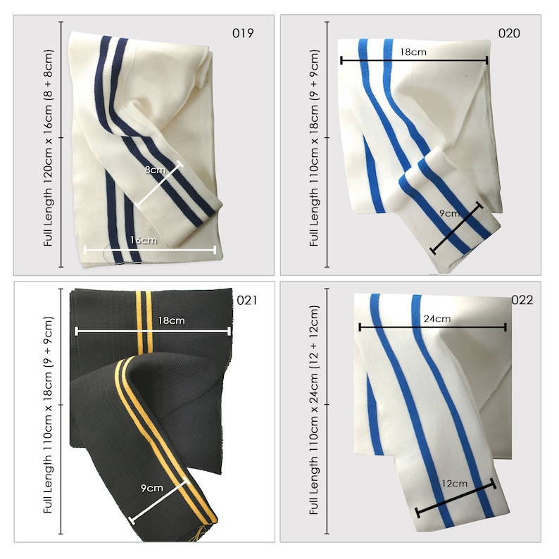 May include: Four different white fabric strips with blue and black stripes. The strips are folded and measured in inches. The strips are labeled with numbers 019, 020, 021, and 022.