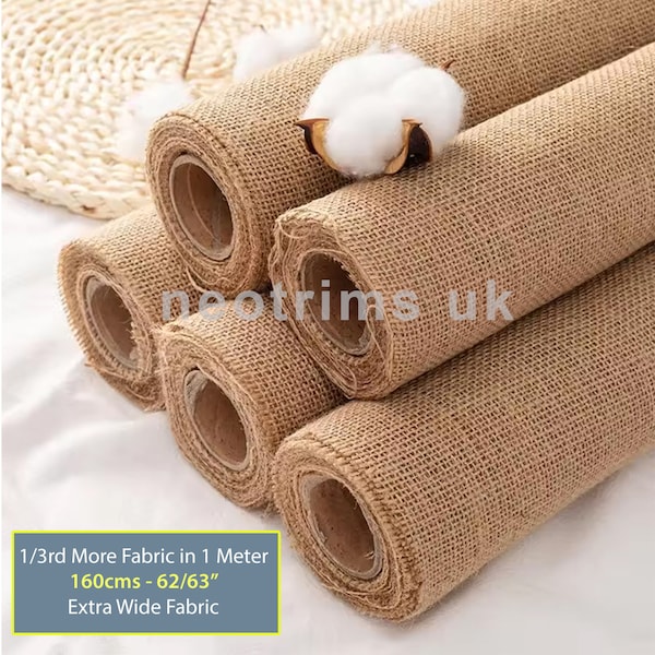Natural Hessian Fabric Extra Wide 63” 160cm Width, Jute Burlap Cloth for Upholstery Craft Table Runners Garden Weddings Décor