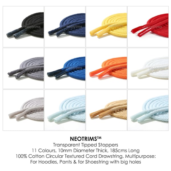 Hoodie Drawstring Cord,Tipped Stoppers 100% Cotton.Finest Quality Round Rope 185cms Long.Transparent Locked End Tips,no fraying.Neotrims UK