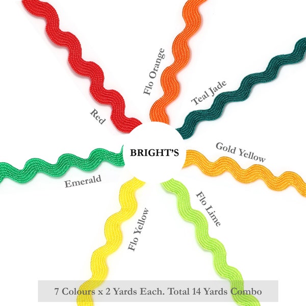 Rik Rak Ric Rac,Zick Zack 6mm Borten Borte, 7 leuchtende Farben, 2Yrds,14Yrds,Mix 7 Cols Kombipaket,Neotrims UK