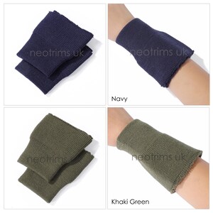 May include: Navy and khaki green wristbands. The navy wristbands are shown in a stack and on a wrist. The khaki green wristbands are shown in a stack and on a wrist. The text "neotrims uk" is visible on the wristbands.