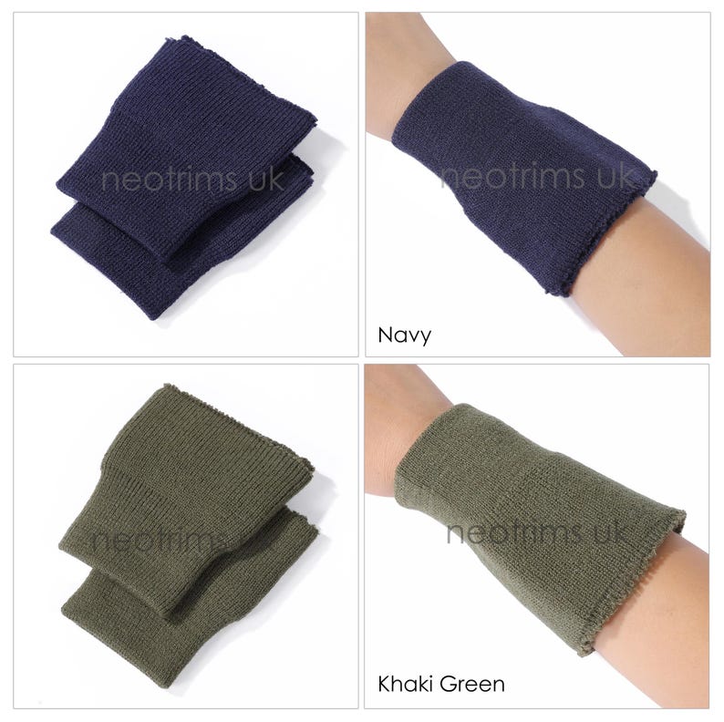 May include: Navy and khaki green wristbands. The navy wristbands are shown in a stack and on a wrist. The khaki green wristbands are shown in a stack and on a wrist. The text "neotrims uk" is visible on the wristbands.