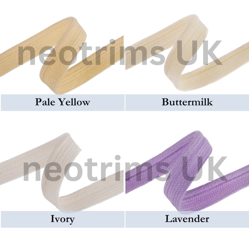 Puede incluir: Cinta de sarga de algod&oacute;n de cuatro colores diferentes: amarillo p&aacute;lido, suero de leche, marfil y lavanda. La cinta est&aacute; doblada por la mitad y tiene aproximadamente 2,5 cm de ancho.