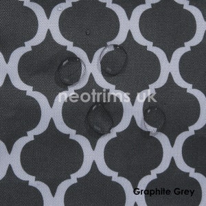 May include: Graphite grey fabric with a white quatrefoil pattern. Water droplets are visible on the surface. The text "neotrims uk" and "Graphite Grey" are printed on the fabric.