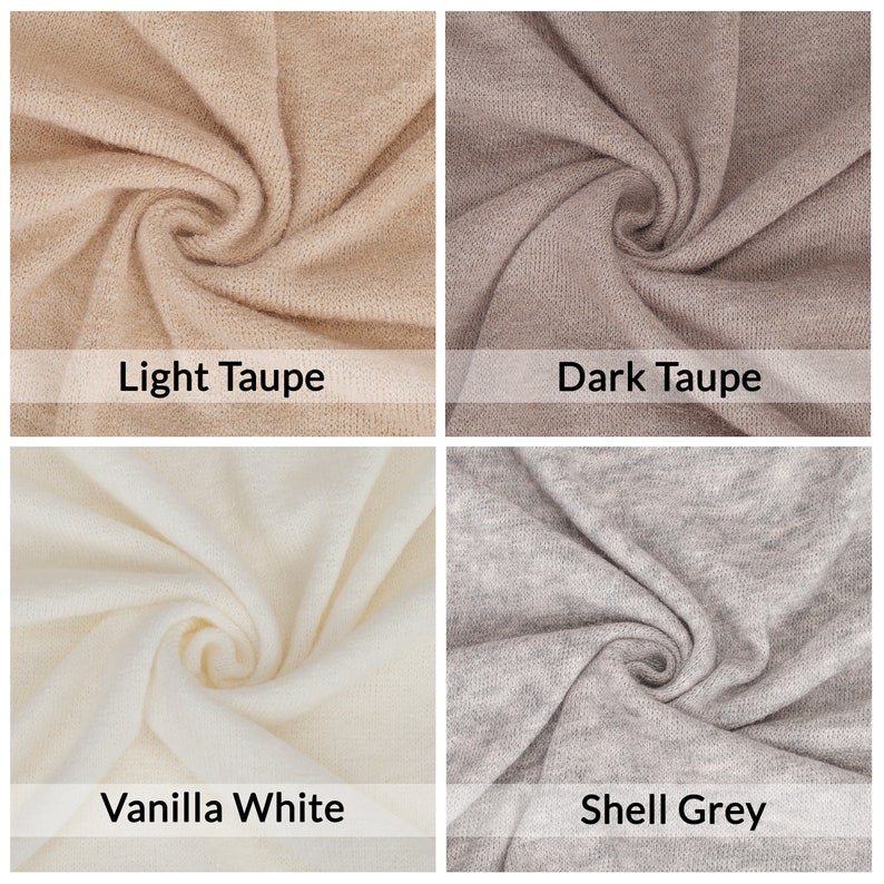 Op de afbeelding: Vier stofstalen in verschillende kleuren: licht taupe, donker taupe, vanille wit en schelp grijs. De stof is zacht en gebreid.