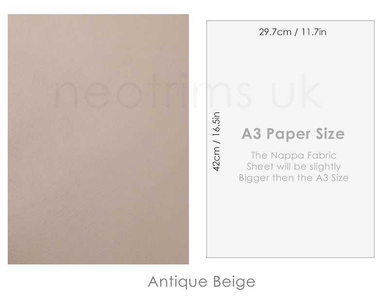 May include: Antique beige colored fabric sheet measuring 29.7 inches by 42 inches. The text on the sheet reads "A3 Paper Size. The Nappa Fabric Sheet will be slightly bigger then the A3 Size."