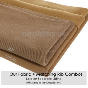 Puede incluir: Primer plano de dos muestras de tela marr&oacute;n, una acanalada y otra lisa. El texto "Rib" y "Fabric" est&aacute; etiquetado en las muestras. El texto "Our Fabric + Matching Rib Combos" est&aacute; debajo de las muestras. El texto "Sold on Separate Listing (URL Links in the Description)" est&aacute; debajo de la primera l&iacute;nea de texto.
