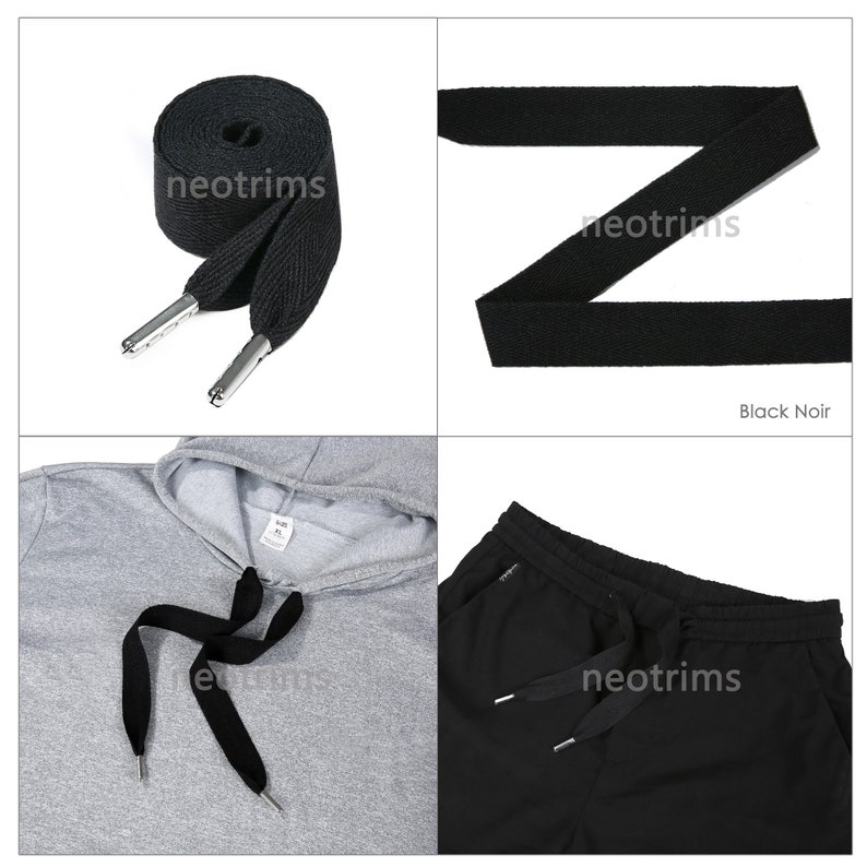 Flat Cotton Drawstring Cord,Hoodie Joggers Drawcord String with Metal Stopper Ends.Herringbone Twill Ribbon 25mm Wide x 120cms Long.Neotrims Black